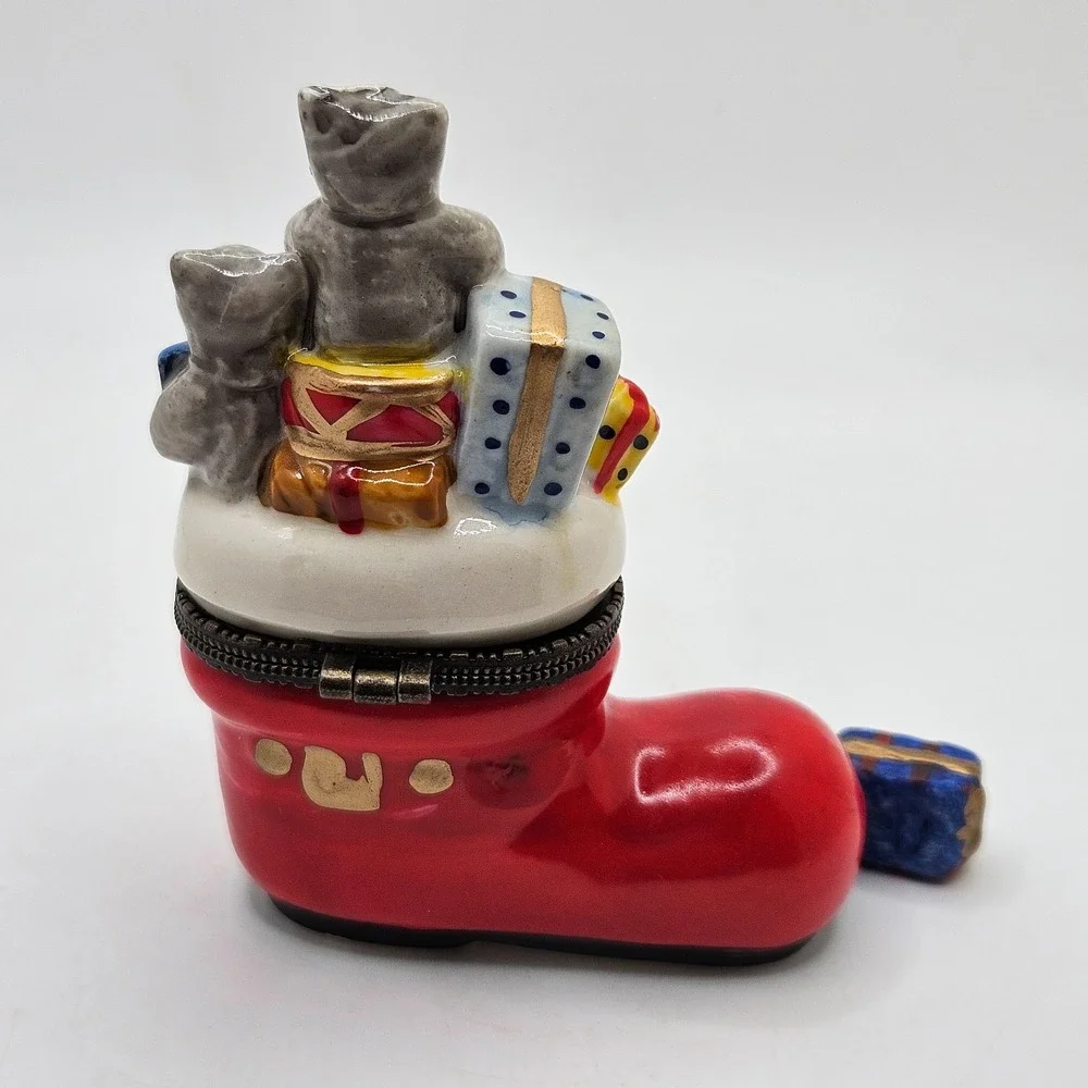 VTG Christmas Stocking Trinket Box Teddy Bears Gifts Hinged Ceramic Mini Present